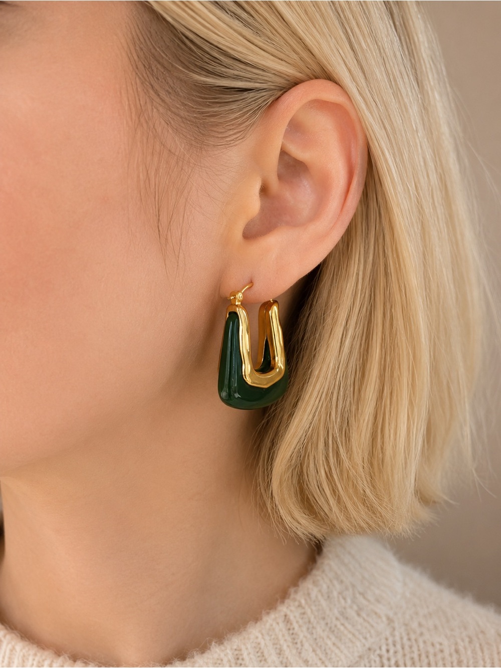 Anthropologie Gold & Dark Green Sculptural Hoop Earrings - Women Jewelry NWOT